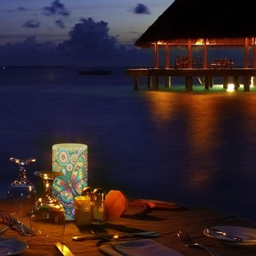 Image of Poceacles LED Flameless Candles Battery Operated Candles with Remote Control Timer Flickering Wick Pillar Tealight for Home Outdoor Decor, Boho Floral Butterfly Blue