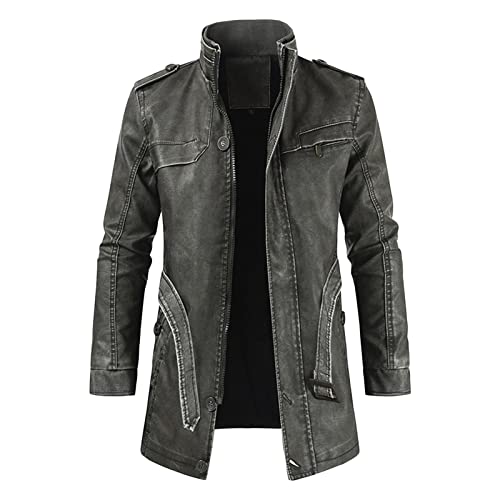 Maiyifu-GJ Mens Retro Faux Pu Leather Jacket Vintage Motorcycle Stand Collar Long Coats Outdoor Biker Overcoat Windbreaker (Armygreen,X-Large)
