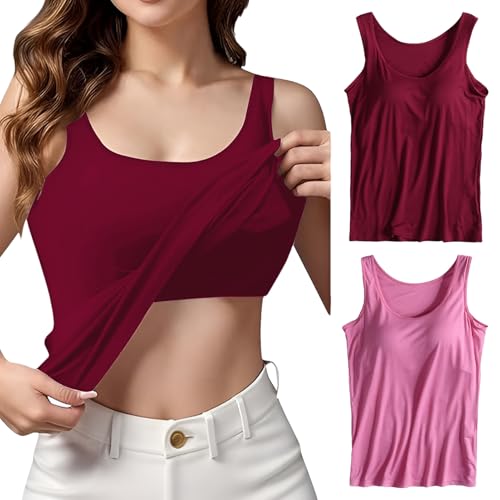 Jamron Mujer 2 Piezas Camisetas Tirantes con Sujetador Integrado Camisetas Interiores de Tirantes Anchos Elásticas Borgoña + Rosa1 M