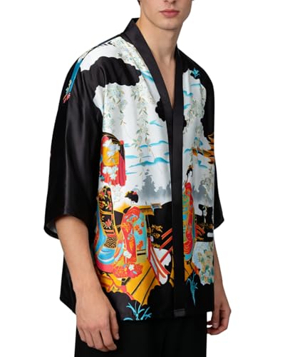 Men's Kimono Robe Silky Lightweight Jackets Japanese Cardigan Shirts Top