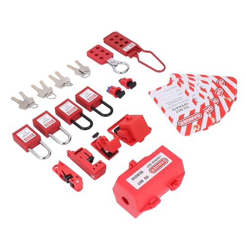 Kit de Etiquetado de Bloqueo Eléctrico, Bloqueo de Disyuntor Multipolar con Abrazadera, 4 Cerraduras Loto (2 Llaves por cerradura), Cerraduras de Enchufe, 2 Cerrojos, 5 Etiquetas