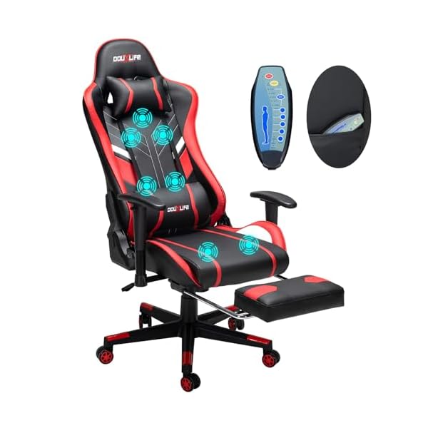 Massage Gaming Chair 7-Point, Office Chair with Footrest and Lumbar Support, Adjustable Seat Height Ergonomic, Thickened and Widened Cushions Backrest, 175° Reclining Max, Red