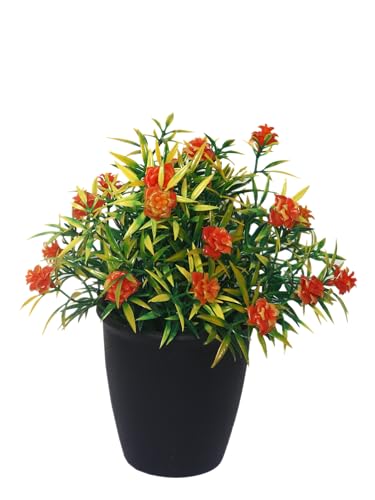 Image of Foliyaj Artificial Plant with Orange Flowers in Black Pot | Plants for Home Decor with Pot | Indoor Plants for Living Room