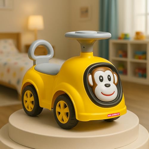 Image of MiniExplorer Monkey Ride-On Toy Car for Kids | Push Ride Car with Music, Horn, Backrest, Safety Guard, Under Seat Storage & Big Wheels | Baby Ride-On for 1-3 Years Boys & Girls - Yellow
