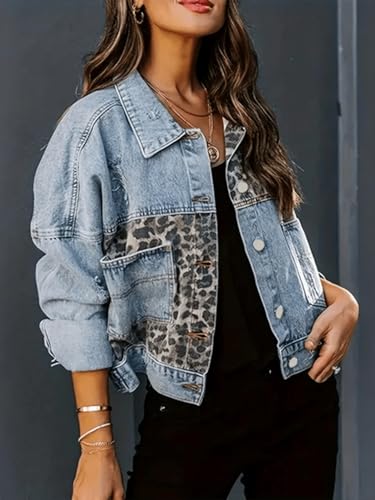 Women’s Leopard Print Spliced Distressed Ripped Denim Jacket Long Sleeve Pockets Jean Jacket Coat4