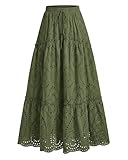 BTFBM Boho Long Skirts for Women Spring Summer 2026 Lace Embroidery High Waist Flowy Tiered Maxi Skirt Beach Vacation(Army Green, Medium)