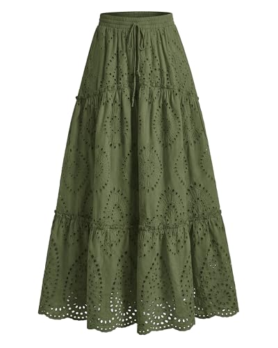 BTFBM Boho Long Skirts for Women Spring Summer 2026 Lace Embroidery High Waist Flowy Tiered Maxi Skirt Beach Vacation(Army Green, Medium)