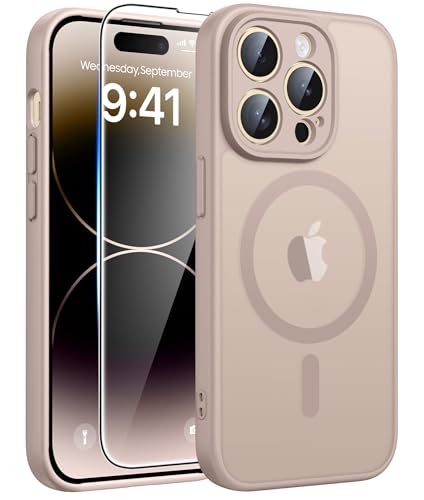 Image of FNTCASE for iPhone 14 Pro-Max Case: Translucent Gold Slim Cases Compatible with MagSafe, Full Camera Protection & Tempered Glass Protector, 14FT Military Grade Drop Tested, Matte Skin-Friendly Cover