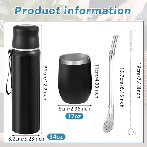 Dandat 2 Pieces Yerba Mate Cup and Vacuum Bottle Set Yerba Mate Kit 12 oz Yerba Mate Gourd Mate Cup and Bombilla Set for Travel, Turn the Cup Upside Down to Pour out All the Water(Black)