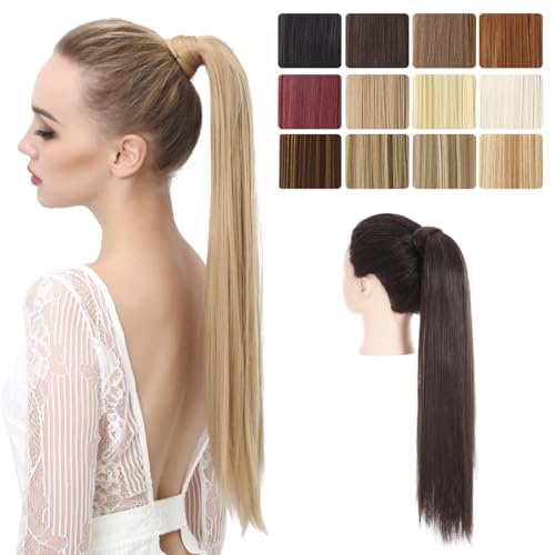 SARLA Ponytail Hair Extension Wrap Around Long Straight 24 Inch Synthetic Hairpiece for Women Black Brown