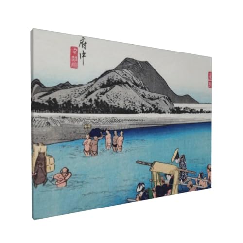 歌川広重 浮世絵 《東海道五拾三次之内 府中:安部川》ポスター 部屋飾り キャンバスウォールアート 印刷 版画 壁飾り 壁の絵 壁掛け ソファの背景絵画 40x30cm 木枠付きの完成品