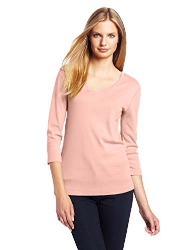 Three Dots Red Women's Three-Quarter Sleeve Deep V Tee Shirt