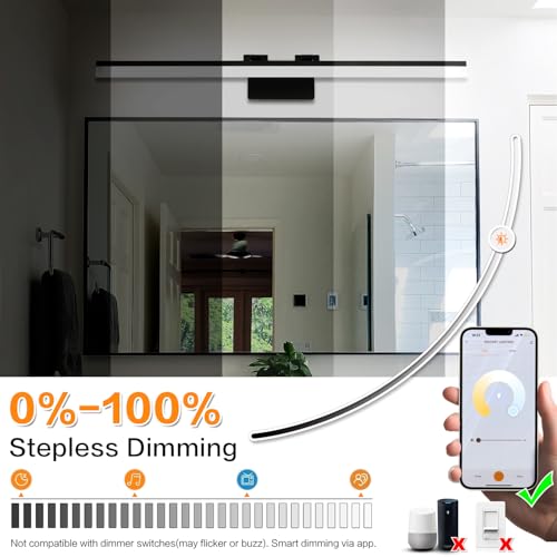 Image of SOLFART Adjustable Color Temperature Dimmable Bathroom Light Fixtures Vanity Light Black LED Bathroom Vanity Light Over Mirror 39.4 Inch APP Control Modern Light
