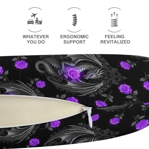 Image of Pain Relief Travel Neck Pillow Cool Dragon Purple Floral Rose Black, Memory Foam U Shaped Support, Breathable Zip Cover for Airplane Car Office Men Women