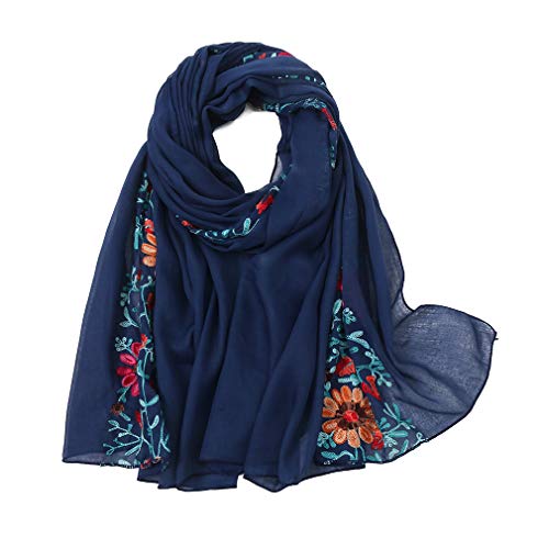 KAVINGKALY Broderie Longue Écharpe En Coton Châle Élégant Doux Écharpe Extra Large Pour Femmes (A-bleu marin) Cover