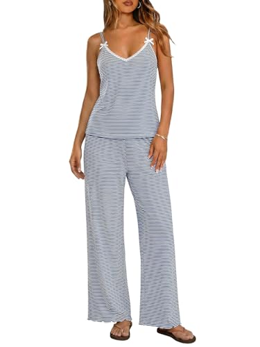 Image of Ekouaer Womens Y2K Cami Pajama Set with Flare Pants, 2 Piece Lace Trim Sleepwear Spaghetti Strap Pjs Set XS-2XL