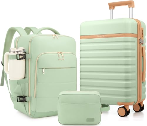 Image of Luggage Sets 3 Piece, Carry On Luggage 20In With Spinner Wheels,PC Hardside Suitcase Set with TSA Lock,Durable Carry On Suitcase With Travel Backpack for Men (Light Green, 3 piece set (BP /20inch))