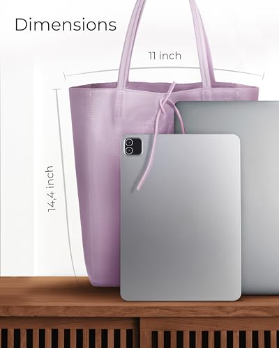 Image of Genuine Italian Leather Tote Bag for Women, Large Slouchy Purse, Lilac | Unstructured bag, raw unlined interior with zip pocket, top zipper, side ties, folds flat, fits a 16-inch laptop, lightweight