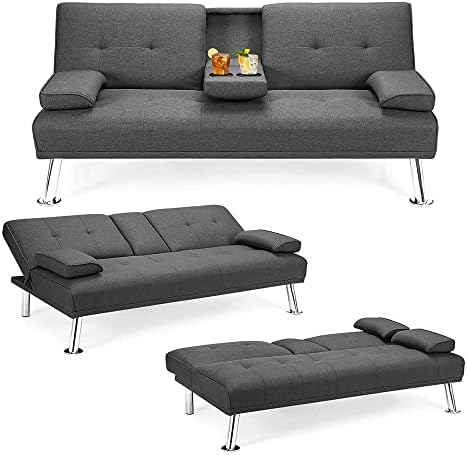 Lamerge Futon Sofa Bed,Convertible Upholstered Folding Sofa,Removable Soft Armrest,Multi-Functional Sofa Couch for Compact Small Space,Apartment,2 Cup Holders,72.4",Dark Grey (LFSBA-DG)