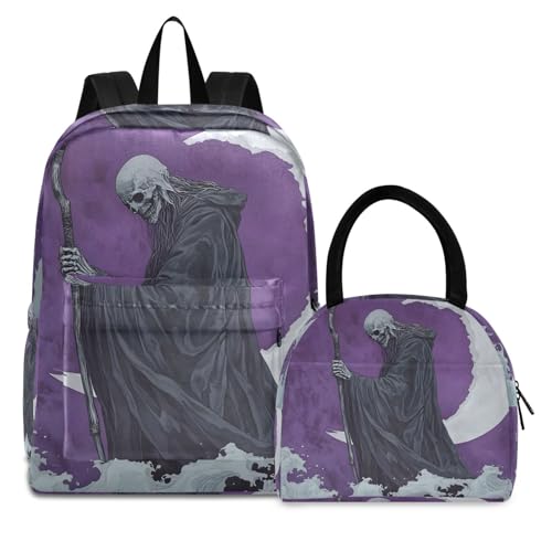 Backpack Lunch Box Set Large Capacity Travel Backpacks and Insulated Lunch Bag for Commute Hiking Picnic Grim Reaper Moon Print