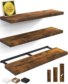 BAYKA Floating Shelves for Wall, 36 inches Wall Mounted Wood Shelves for Bathroom, Bedroom, Living Room, for Storage/Decor with 30lbs Capacity - Rustic Brown,Set of 3