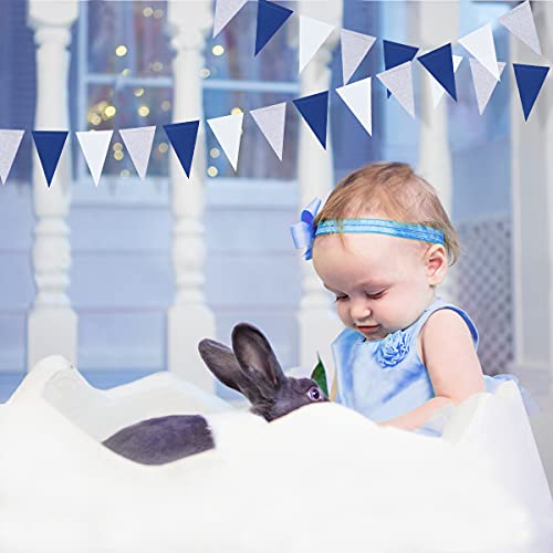 Image of 30 Ft Navy Blue White and Silver Party Decorations Royal Blue Triangle Flag Pennant Banner Bunting for Graduation Birthday Wedding Bridal Shower Nautical Ahoy Achor Theme Party Decorations Supplies