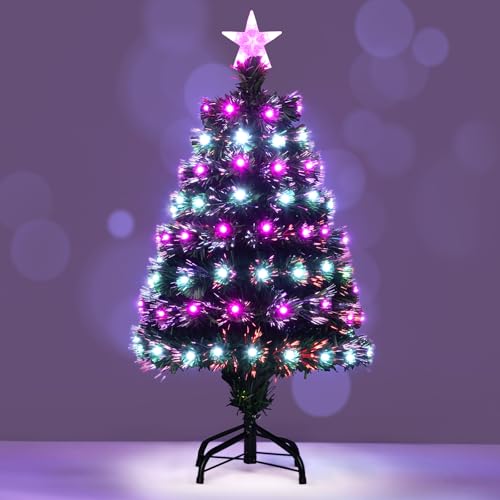 Albero di Natale Artificiale Illuminato da 93 cm, Albero di Natale con Fibre Ottiche Multicolore, 96 Luci LED Viola e Bianche, 8 Modalità, 96 Punte di Rami in PVC, Stella sulla Cima, Base Metallica