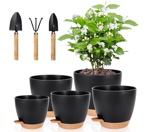 Cinnani 5er Blumentopf mit Bewässerungssystem, 17.8/16.5/15.2/13.9/12.7cm Kunststoff Pflanzkübel Selbstbewässerung mit Untersetzer, Rund Pflanztopf für Innen Balkon Garten Pflanzen,Sukkulenten,Schwarz