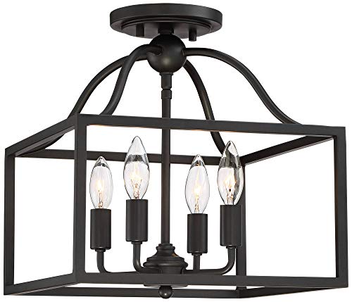 Franklin Iron Works Elle Farmhouse Rustic Close To Ceiling Light Semi-Flush Mount Fixture Black 13" Wide 4-Light Open Square Cage For House Bedroom Hallway Living Room Bathroom Dining Kitchen #TOP4