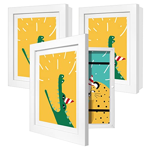 Image of Giverny Kids Artwork Picture Frames 10x12.5 White 3 Pack, Glass Kids Artwork Frames Changeable for Wall Mount, 10x12.5 Frame with 8.5x11 Mat, for Kids Art Drawings Art Projects A4 Schoolwork