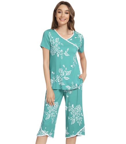 Image of NACHILA Bamboo Viscose Pajamas for Women Lace V Neck Capri Pants Pjs Set