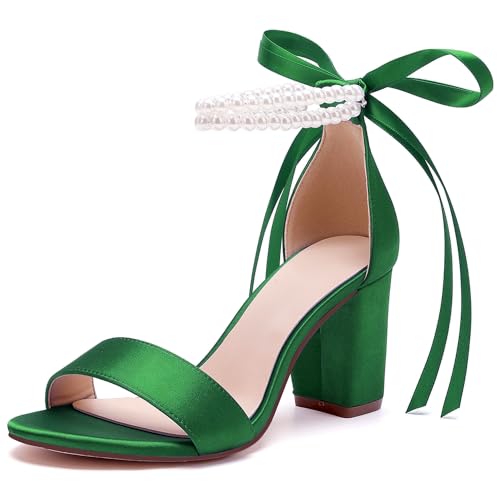 Image of Women's Open Toe Pearl Wedding Shoes for Bride High Heels Sandals Satin Bridal Block Chunky Heels Ankle Strap Prom Evening Party Pumps