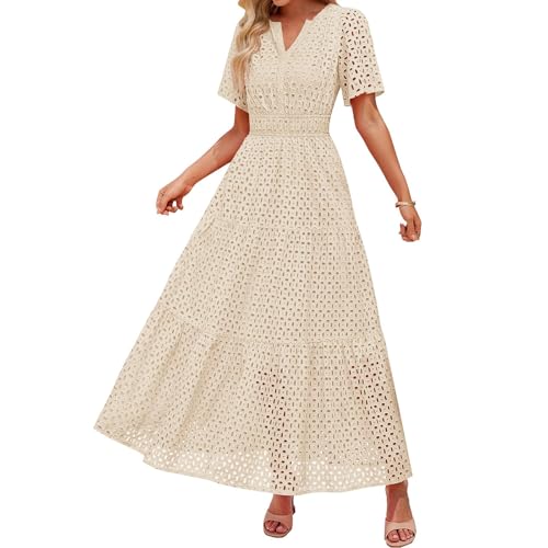Damen Sommer Kurzarm Maxi Kleid Lässiges V-Ausschnitt Kleid mit Lochstickerei Rüschen Schwingendem A-Linien-Schnitt und Eleganter Knöchellänge (Beige, XL) Damen Sommer Kurzarm Maxi Kleid Lässiges V-Ausschnitt Kleid mit Lochstickerei Rüschen Schwingendem A-Linien-Schnitt und Eleganter Knöchellänge (Beige, XL)