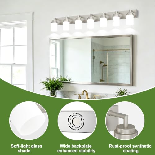 Image of Bathroom Light Fixtures, Brushed Nickel Bathroom Lighting Fixtures Over Mirror, Modern Vanity Light with White Glass Shade, Restroom Lighting Fixtures, 7-Light 54-inch