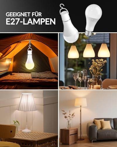 BrightArk Wiederaufladbare Glühbirne mit Fernbedienung, 3 Farben Dimmbare E27 USB Aufladbare Glühbirne LED mit Timing Funktion akku glühbirne für Draußenlicht Notlicht (2-Stück)