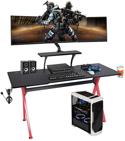 lazzo 57" Gaming Desk,Home Office Desk with Detachable Monitor Stand, Cup Holder,Headphone Hook & Cable Management,Computer Gaming Table (57inch (Black/red)