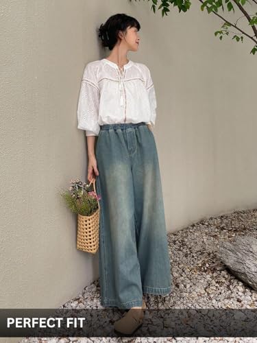 Image of GRECIILOOKS Denim Palazzo for Womens | Jeans for Woman | Women's Relaxed Fit High Rise Baggy Jeans | Loose Fit Wide Leg Oversized Denim Jeans