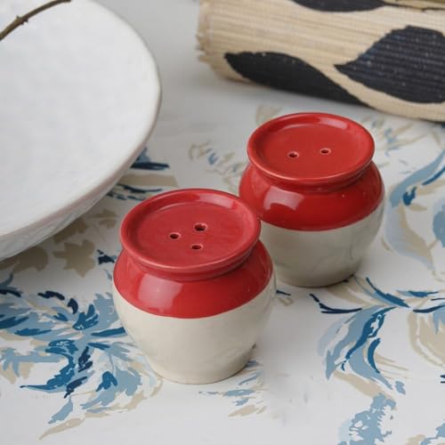 Image of VarEesha Red White Handi Ceramic Salt n Pepper Set for Dining Table Used as Namak Dhani, Shaker, Sprinkler for Home, Kitchen and Restaurant