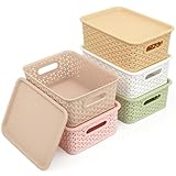 LYLIDIA 5pcs Aufbewahrungsbox mit Deckel Klein Korb, 4L Kiste Aufbewahrungskorb in Rattan Design, Stapelbar Box PP Kunststoff, Organizer Körbchen Stapelboxen mit Griffen, 25x17x10.5 cm (Bunt 5er-Set)