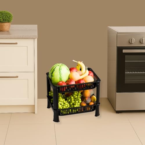 Image of Plastic Kitchen Rack, Multipurpose Vegetable & Fruit Storage Basket Organizer for Home, Pantry & Kitchen - Strong & Easy to Assemble (2 Layer, Black)