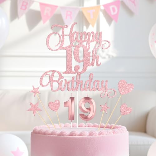 Rose Gold Happy 19th Birthday Cake Decorations, Glitter 19th Birthday Cake Toppers Set and Numeral 19 Candles for Birthday Party Supplies, Heart Star Cupcake Decorations