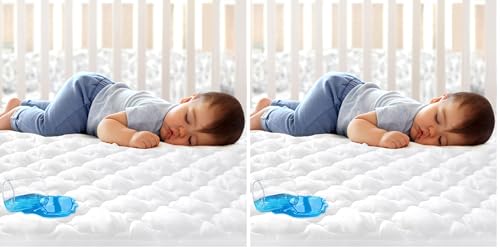 Image of Mini Crib Mattress Protector 38 inch x 24 inch Sheets Fitted Waterproof Mini Crib Mattress Pad Cover, Noiseless & Machine Wash 100% Absorbent Mattress Protector Sheet Quilted, White (Pack of 2)