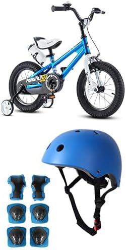 Royalbaby Freestyle Kids Bike 14 Inch with Training Wheel, with Helmet and Protective Gear Set, Blue