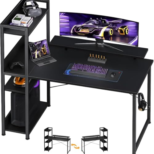Gaming Desk with Shelves | Reversible Computer Desk with Monitor ...