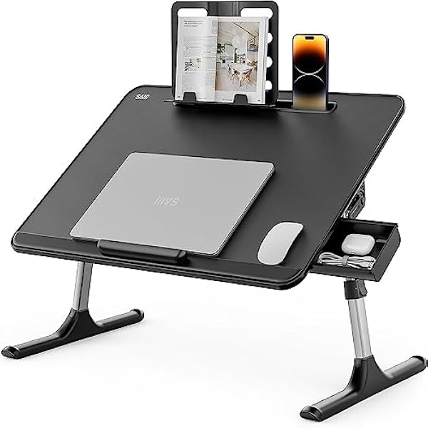 Biurko na laptopa, SAIJI 60 x 40 cm, stolik do laptopa, z regulacją kąta wysokości, ze stojakiem na książki, szufladą, gniazdem na tablet, taca na łóżko śniadaniowe na sofę, łóżko