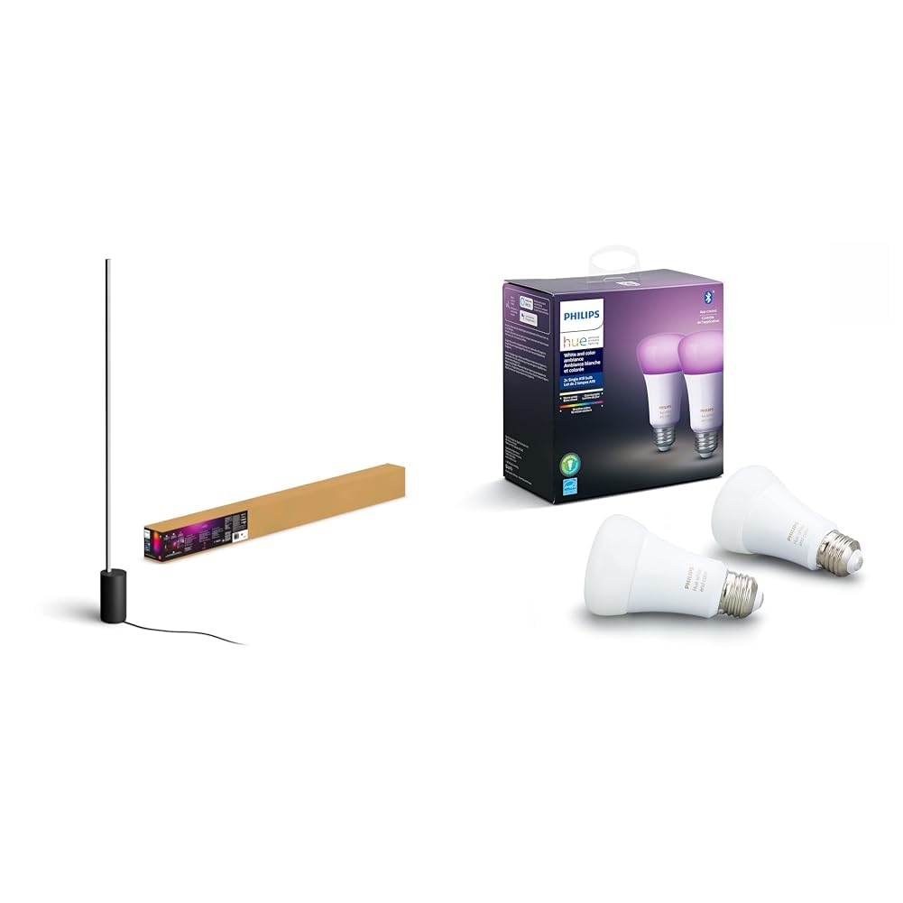 Philips Hue Gradient Signe Floor Lamp, Compatible with Alexa, Apple Homekit and Google Assistant & Smart 60W A19 LED Bulb - White and Color Ambiance Color-Changing Light - 2 Pack - 800LM