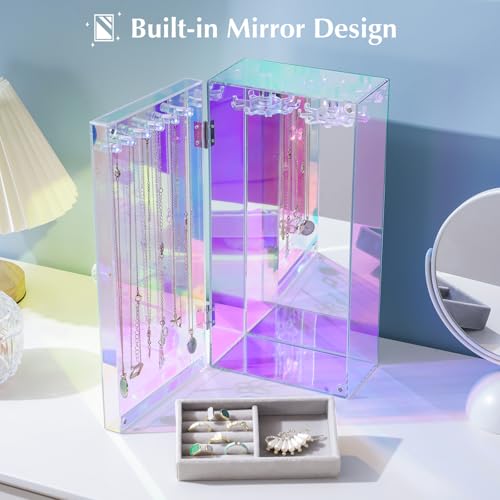 Miniatura 3 de Lolalet Soporte Acrílico Para Joyas, Caja Organizadora De Joyas Transparente Anti Polvo Con 24 Ganchos Estante Para Almacenamiento Para Collares Con Bandeja De Terciopelo -Espejo Laser