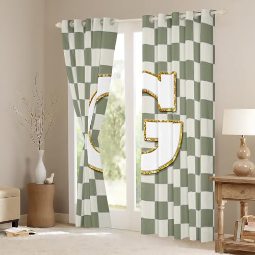 Image of Erosebridal Sage Green Checkered Blackout Curtains for Bedroom Living Room Plaid Initial G Window Curtains 2 Panels 42 inch Wx90 L Personalized Monogram Drapes,Grids Gingham Window Treatments