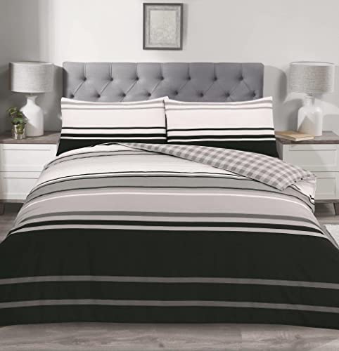 Charlotte Andersen Cambridge Black Grey Stripe King Size Duvet Cover, Easy Care Soft Poly Cotton Reversible Bedding Set (King)