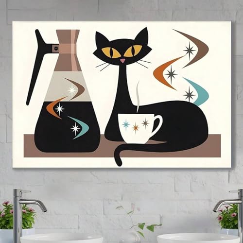 Affiche chat noir et café rétro sur toile 80x120 cm pour décoration murale de cuisine